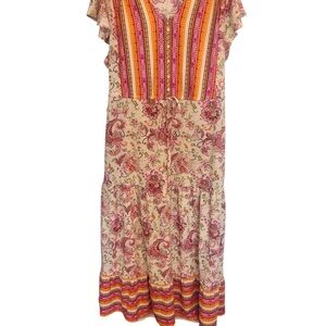 Cato XL Boho Orange Red V-Neck Flutter Sleeve Sundress